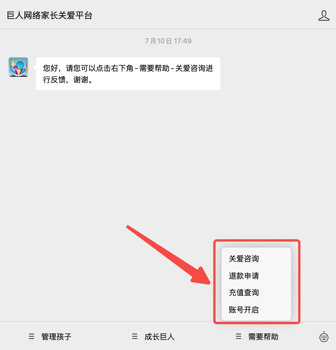 咨询类型选择界面，包含多种咨询类别选项